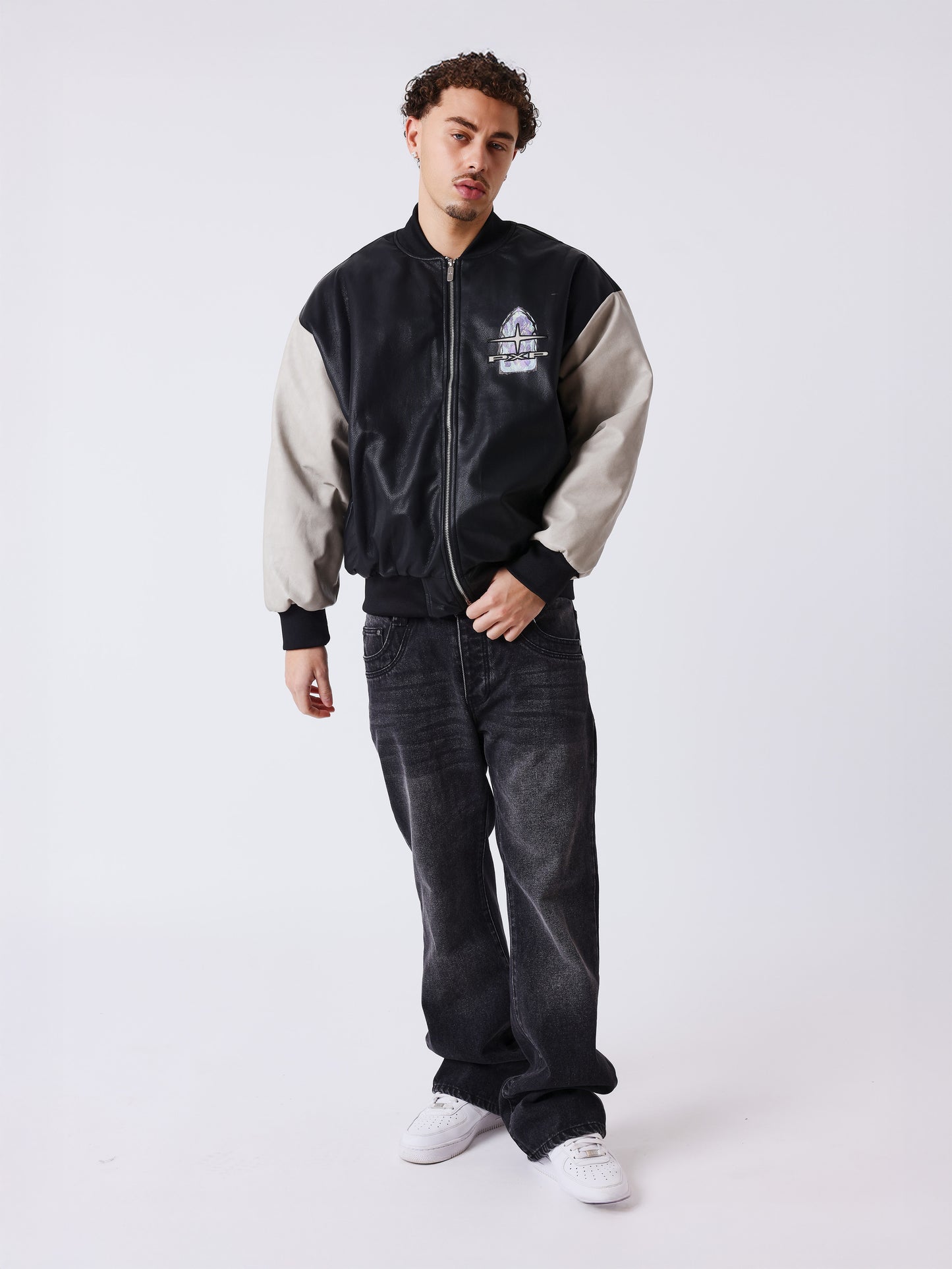 Bomber en simili cuir avec broderie au dos