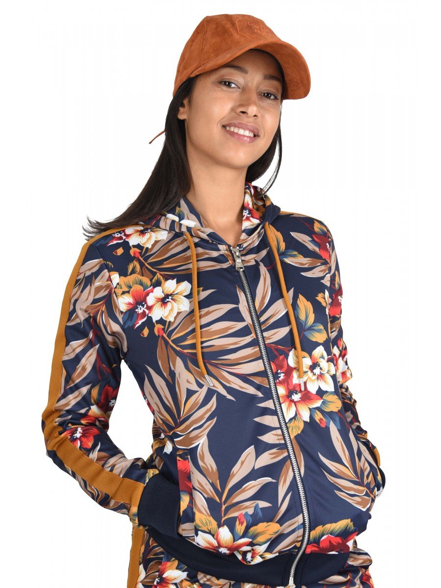 Hooded Jacket with Stripe and Tropical Print