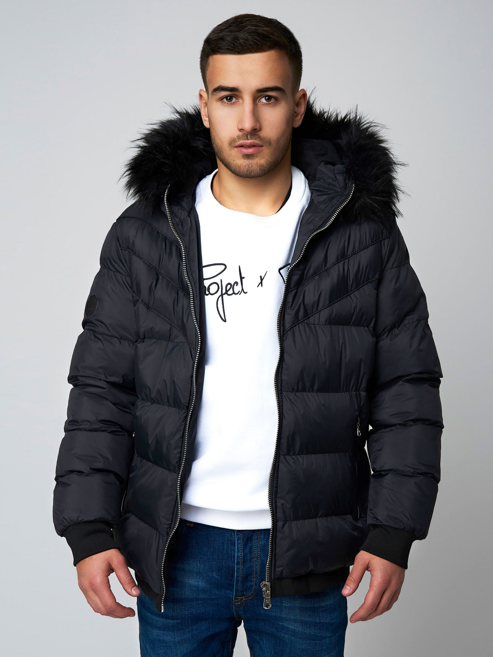 short puffer jacket with fur hood