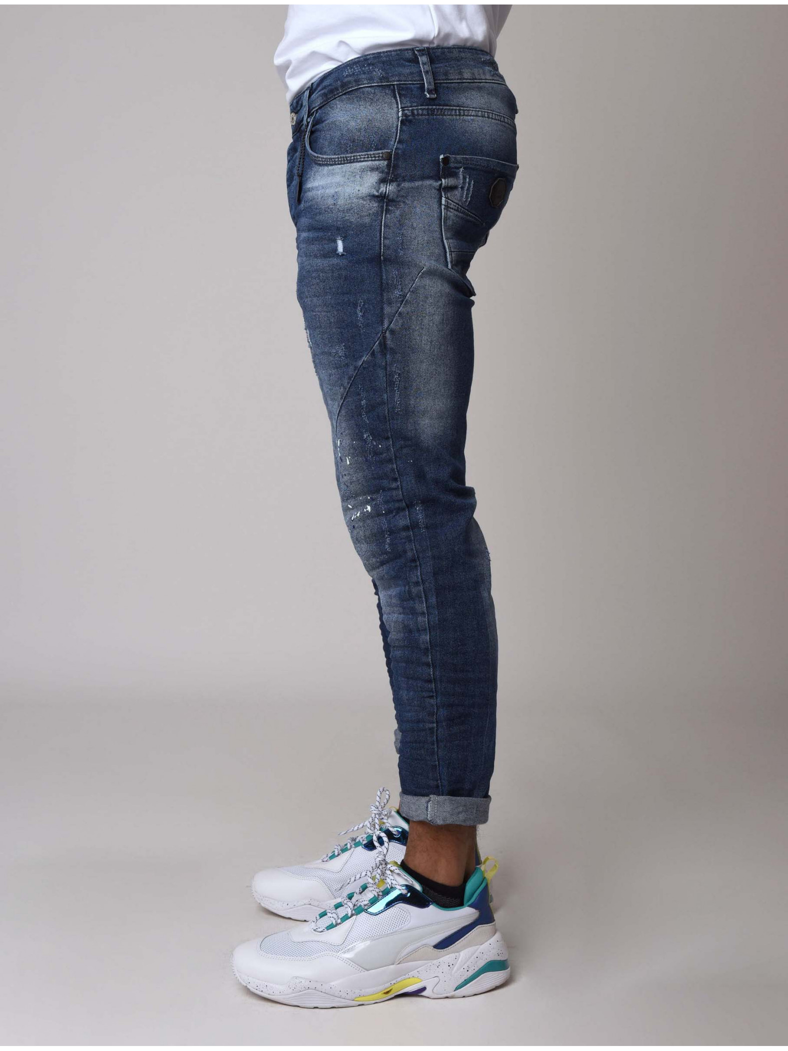 Skinny Fit Distressed Jeans with Paint Splatter in Blue Project X Paris