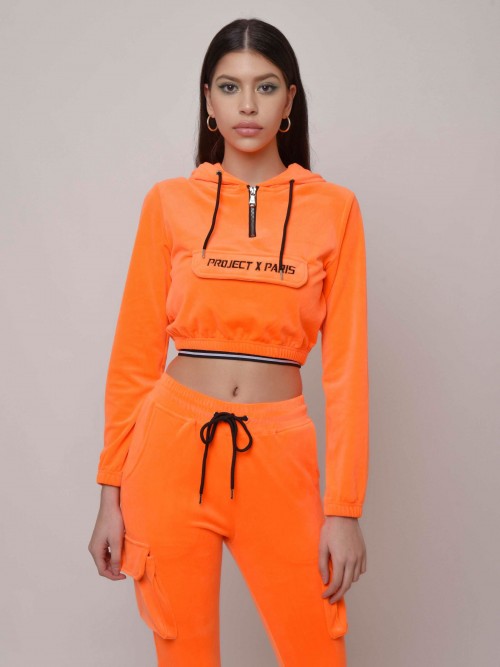 Kurzes Samt-Sweatshirt mit Kapuze - Orange