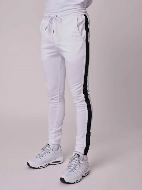 Pantaloni da jogging con banda laterale in strass - Bianco