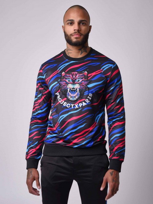 Round-neck sweatshirt with tiger motif and feline patch - Blue