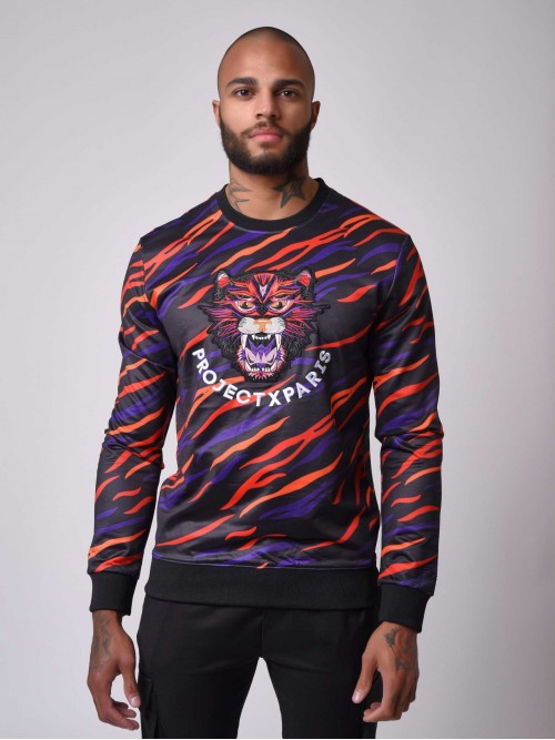 Sweatshirt de gola redonda com motivo de tigre e remendo de felino - Laranja
