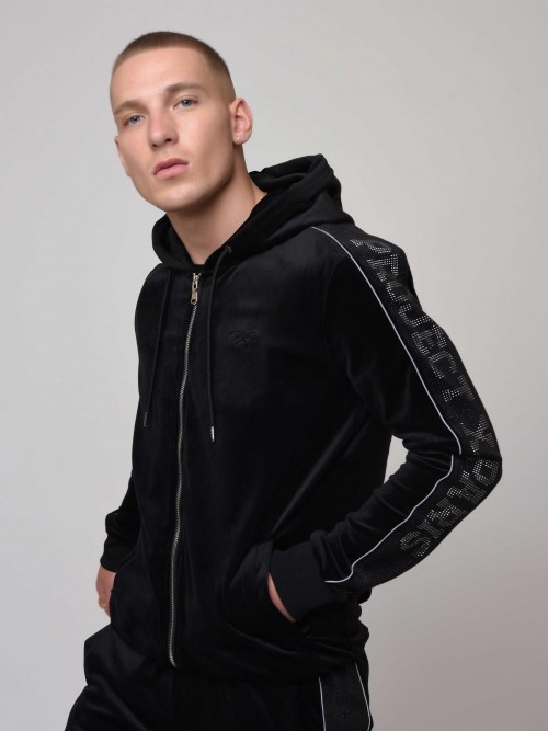 Velvet Hooded Jacket with Rhinestone logo Side Stripe - Black