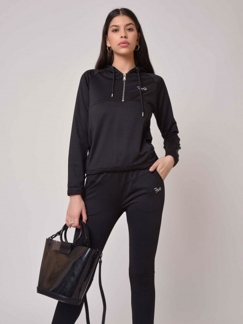 Hooded jogging top with front zip - Black
