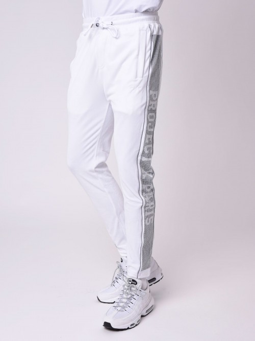 Jogging pants with rhinestone logo band on the side - White