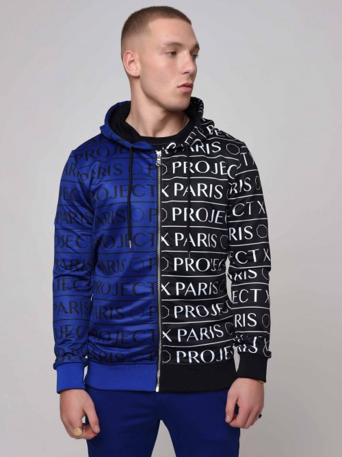 Two-tone hooded jacket with all-over print - Blue