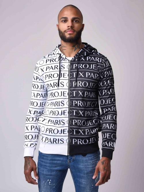 Two-tone hooded jacket with all-over print - White