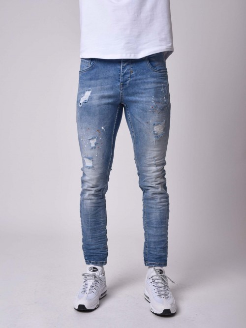 Jeans pitillo efecto desgastado azul claro jaspeado