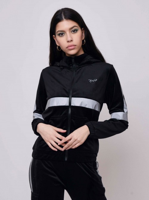 Jogging jacket with velvet high collar and reflective stripes - Black