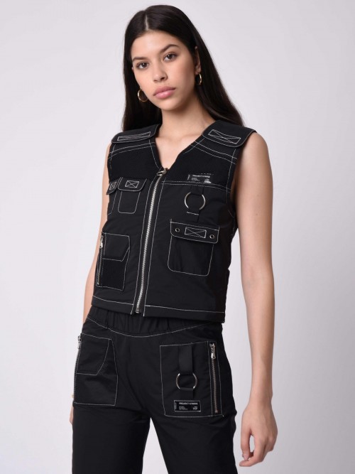 Sleeveless utility vest with contrasting seams and mesh yoke - Black