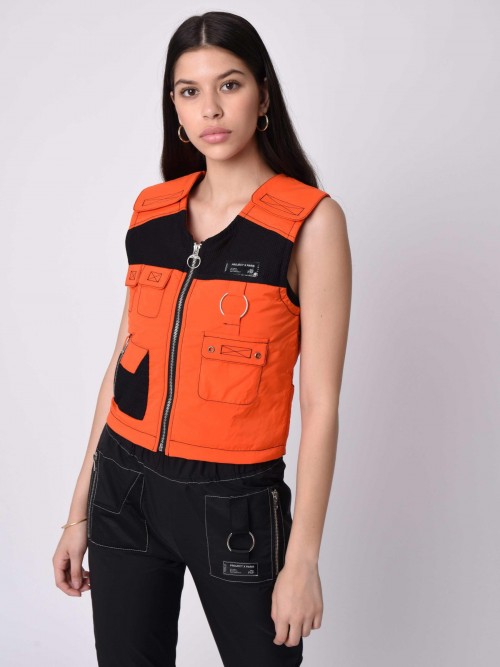 Sleeveless utility vest with contrasting seams and mesh yoke - Orange