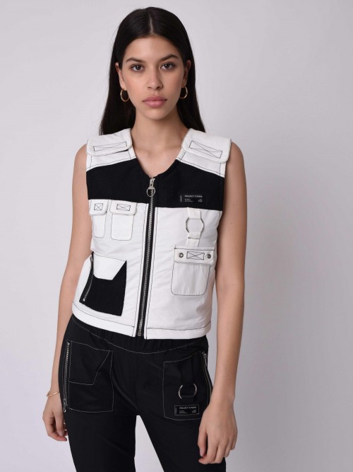 Sleeveless utility vest with contrasting seams and mesh yoke - White