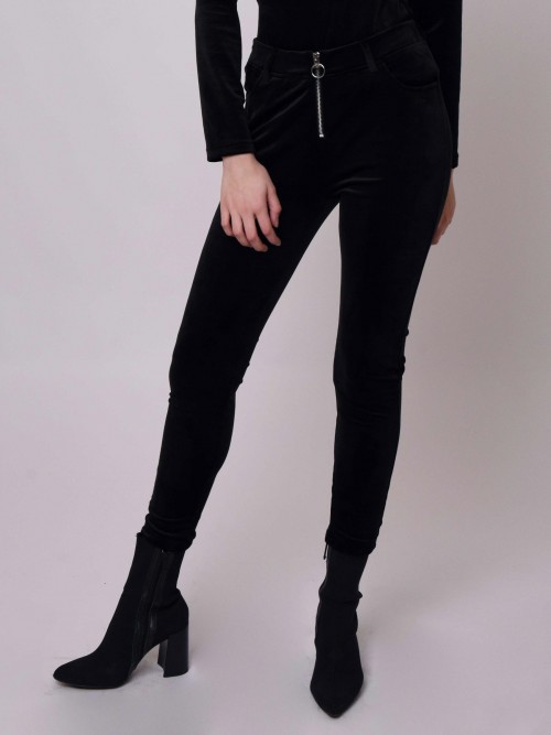 Velvet pants with round zip loop - Black