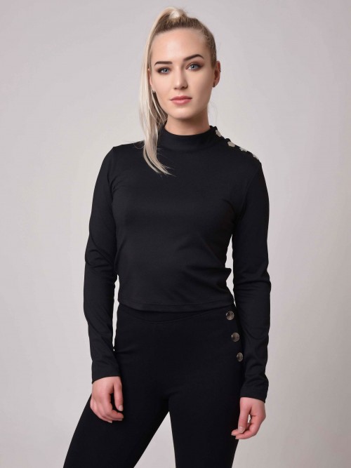 Officer style high neck sweater with silver buttons - Black