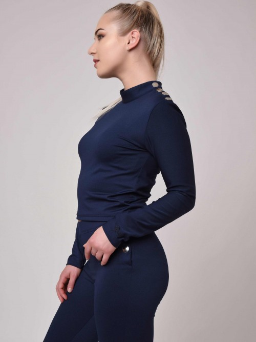 Officer style high neck sweater with silver buttons - Blue