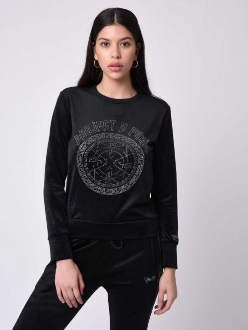 Velvet round-neck sweatshirt with rhinestones - Black