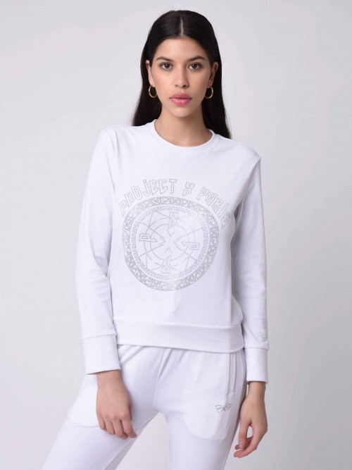Velvet round-neck sweatshirt with rhinestones - White