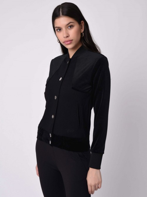 Jacket with teddy collar, velvet yoke - Black