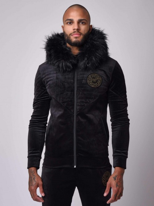 Velvet jogging jacket with faux fur hood and rhinestone patch, biker effect - Black