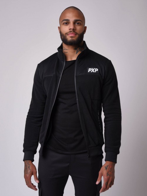 High-collar jacket in fleece and mesh fabrics - Black