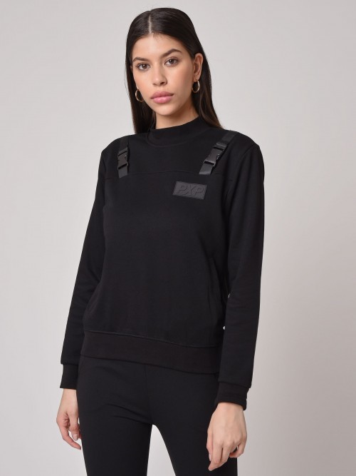 High-neck sweatshirt with front clips - Black