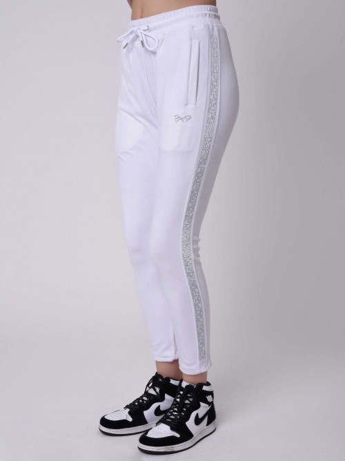 Pantalón de chándal de terciopelo con banda de strass - Blanco