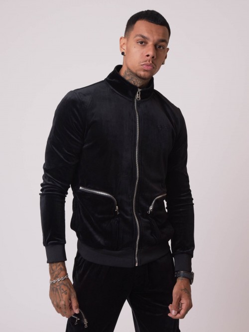 Velvet-Jacke mit Reißverschluss und geprägten Taschen - Schwarz