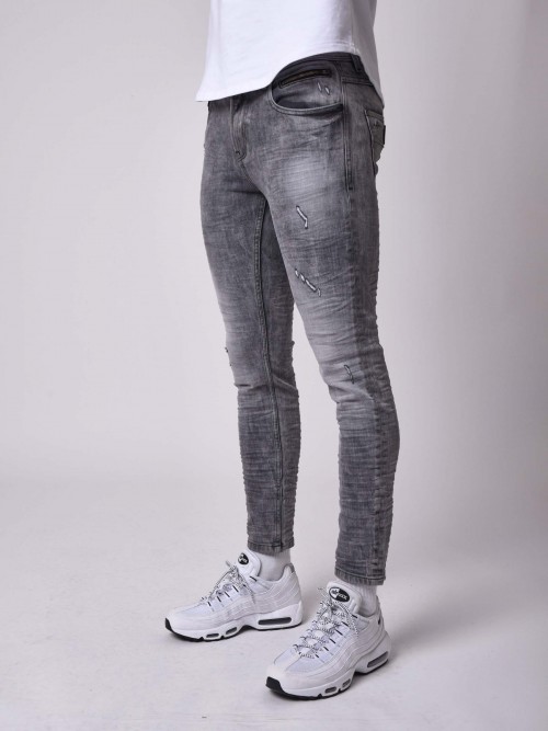 Jeans pitillo basic fit con lavado gris y efecto desgastado - Gris