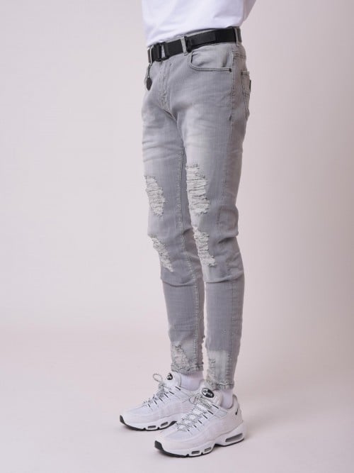 Skinny Fit Basic Zerrissene Jeans Grau - Hellgrau