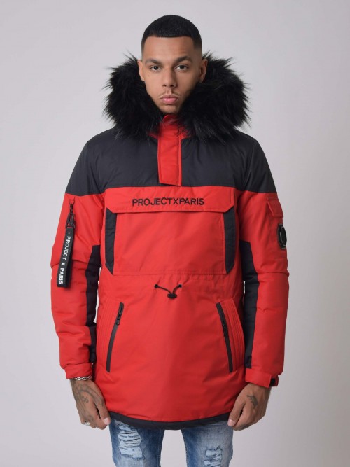 Two-tone, multi-pocket, hooded, slip-on parka - Red