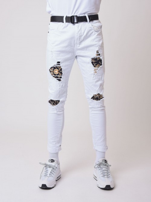 Skinny jeans with baroque yoke - White