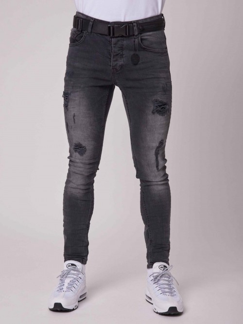 Jeans pitillo con efecto desgastado y agujeros - Gris