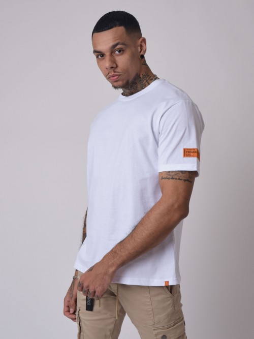 T-shirt básica solta com etiquetas cor de laranja - Branco