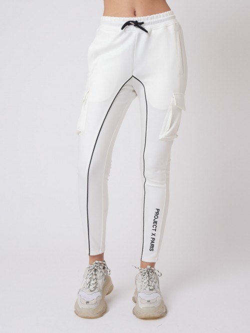 Contrasting piping and embroidery on faux-leather jogging bottoms - White