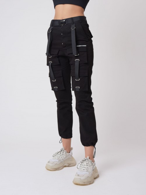 Pants with pockets and strap detail - Black