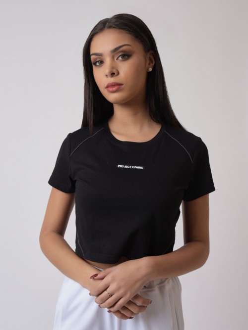 T-shirt crop avec pipings contrastés et logo silicone - Noir