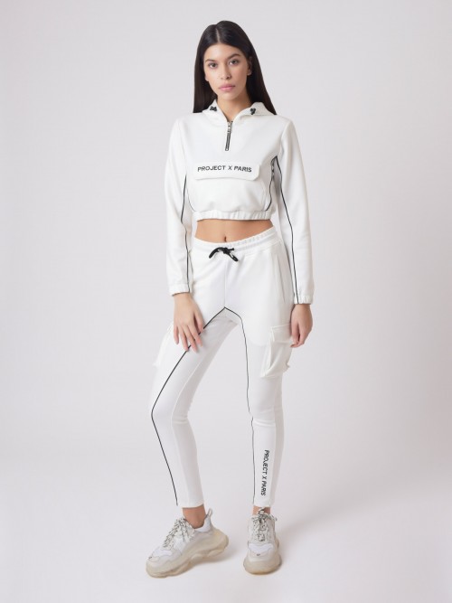 Pull-on hoodie with faux leather piping - White