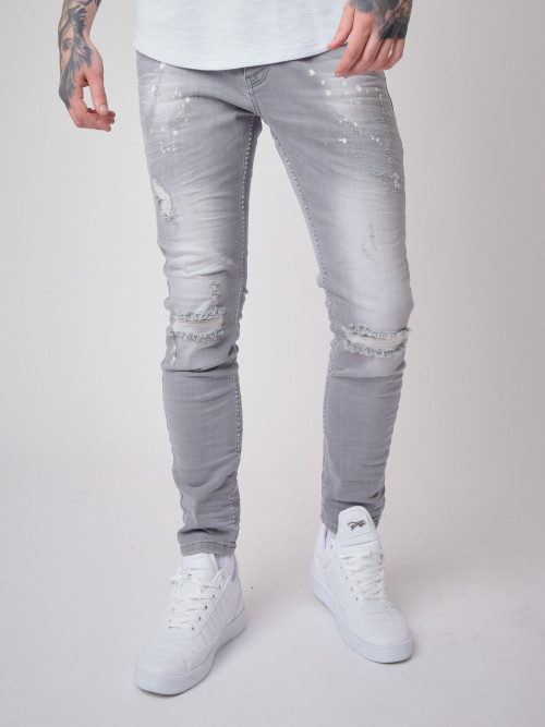 Jeans pitillo con efecto desgastado y arañado - Gris claro