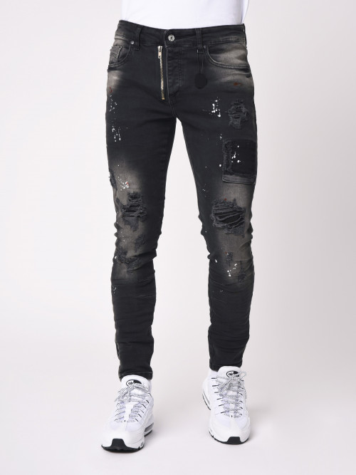 Jeans pitillo con manchas - Negro
