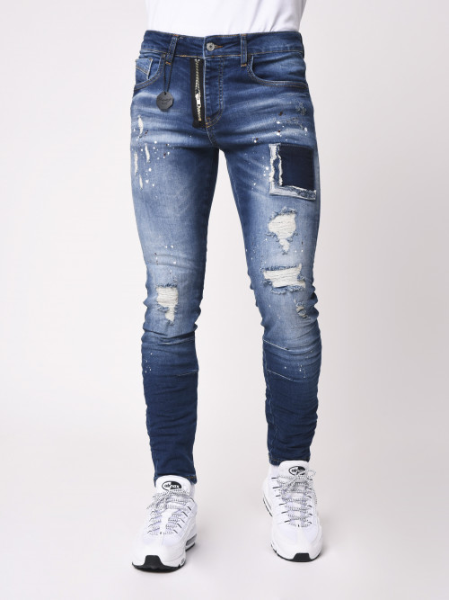 Jeans pitillo con manchas - Azul