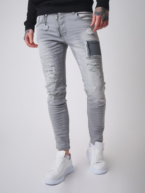 Gefleckte Skinny Jeans - Hellgrau