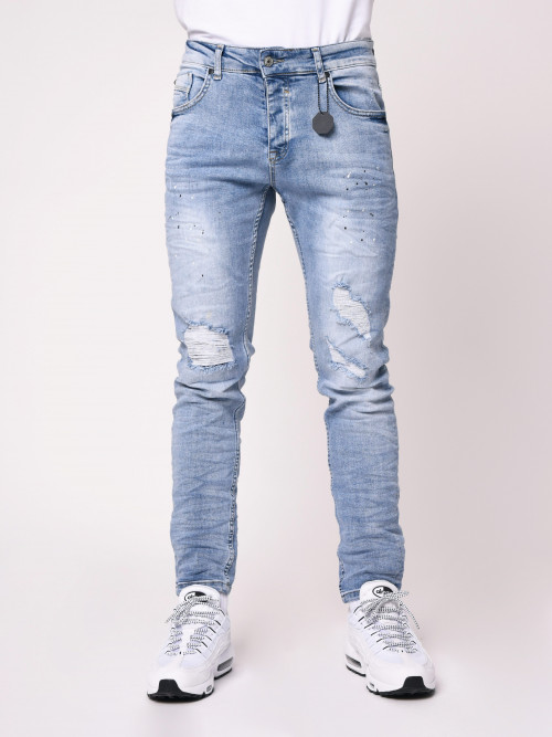 Jeans pitillo manchados y desgastados - Azul