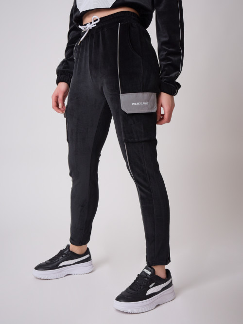 Velvet cargo bottoms with reflective piping - Black