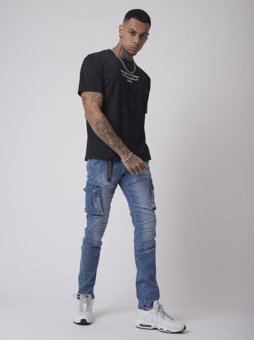 Jeans slim con bolsillo lateral y costura biker - Azul