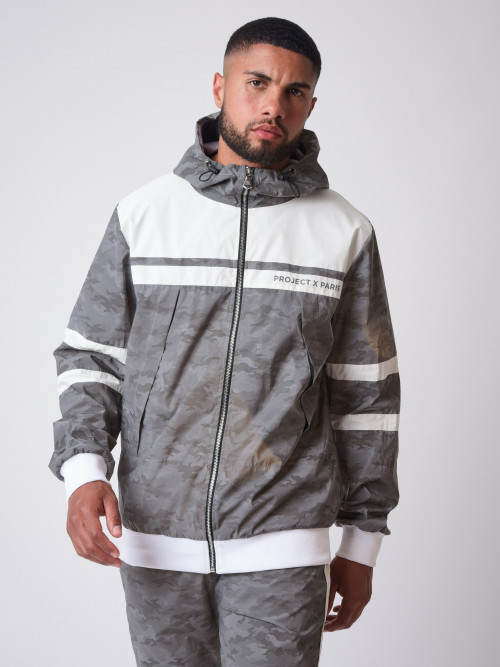 Reflective two-material hooded jacket with "CAMO REFLECT" camouflage pattern