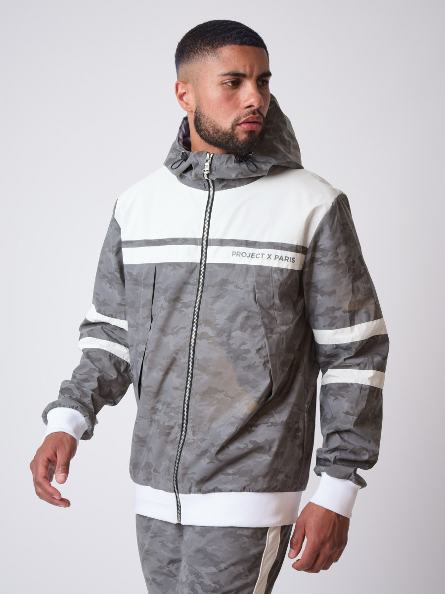 Bi-material hooded jacket with camo...