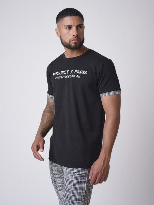 Embroidered T-shirt, checkered lapel - Black