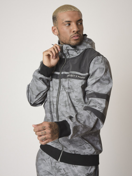 Reflective two-material hooded jacket with "CAMO REFLECT" camouflage pattern - Black
